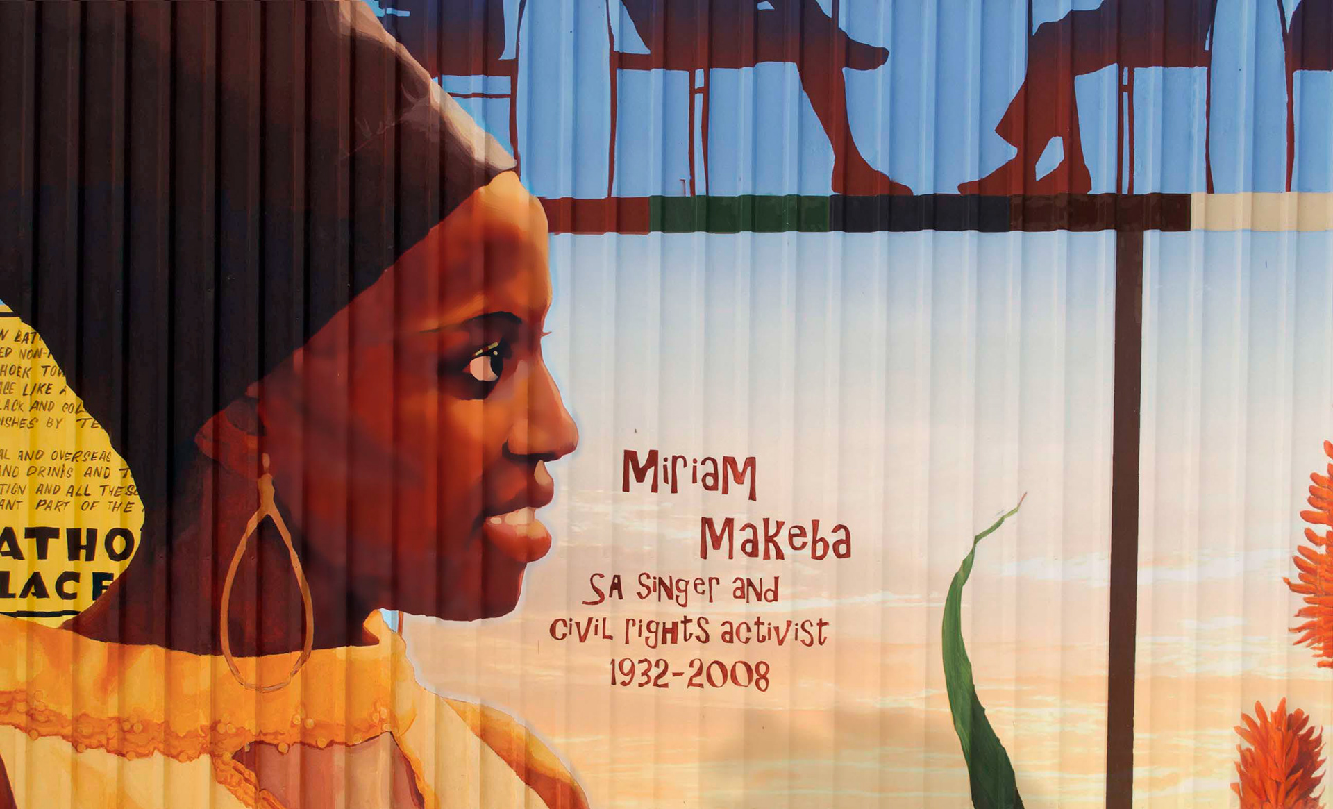 BATHO'S PLACE TOWNSHIP RESTAURANT, Myriam Makeba-mural, Langrug informal settlement, Franschhoek, South-Africa, PVC-paint on corrugated metal sheet.