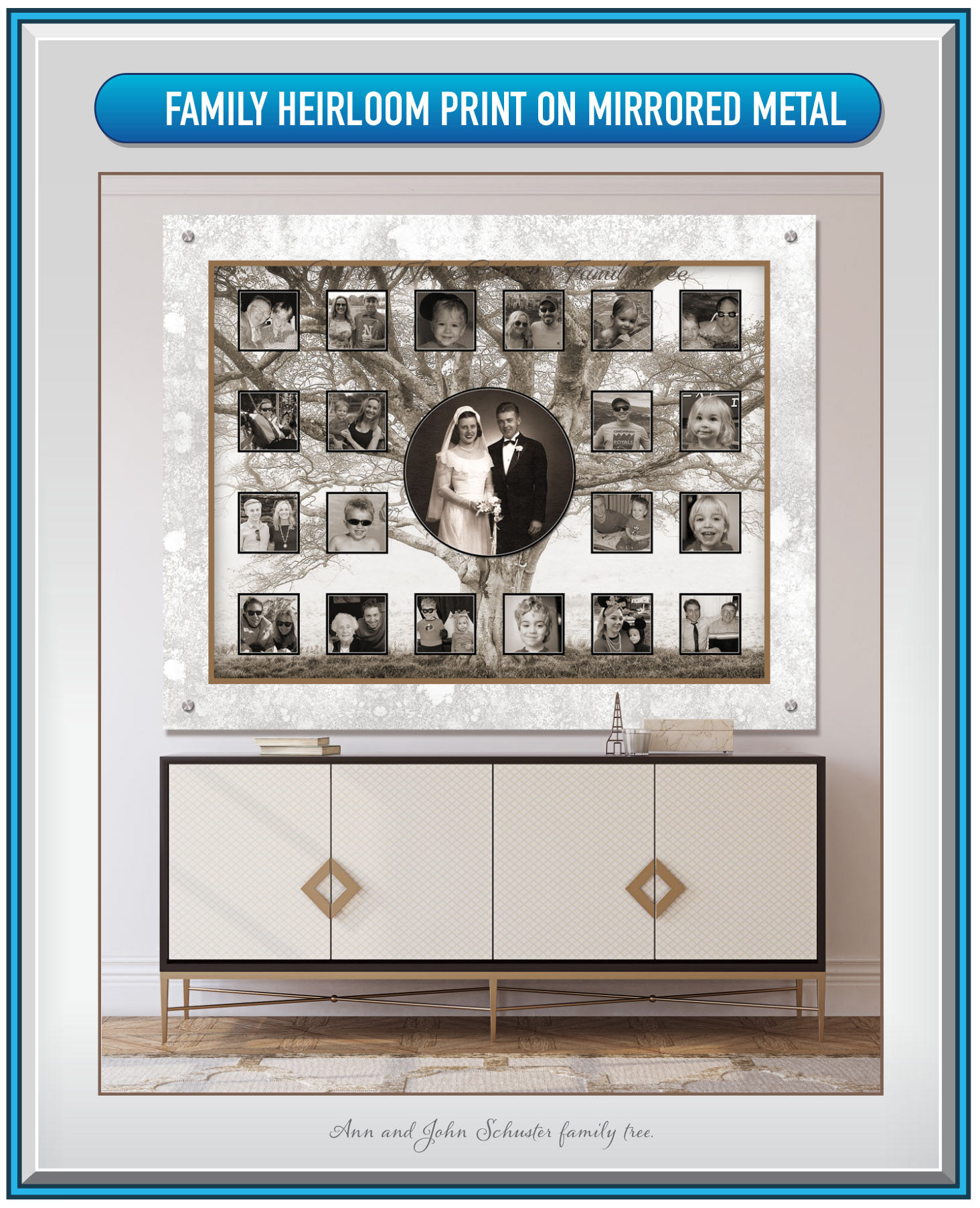 Family tree on brushed metal