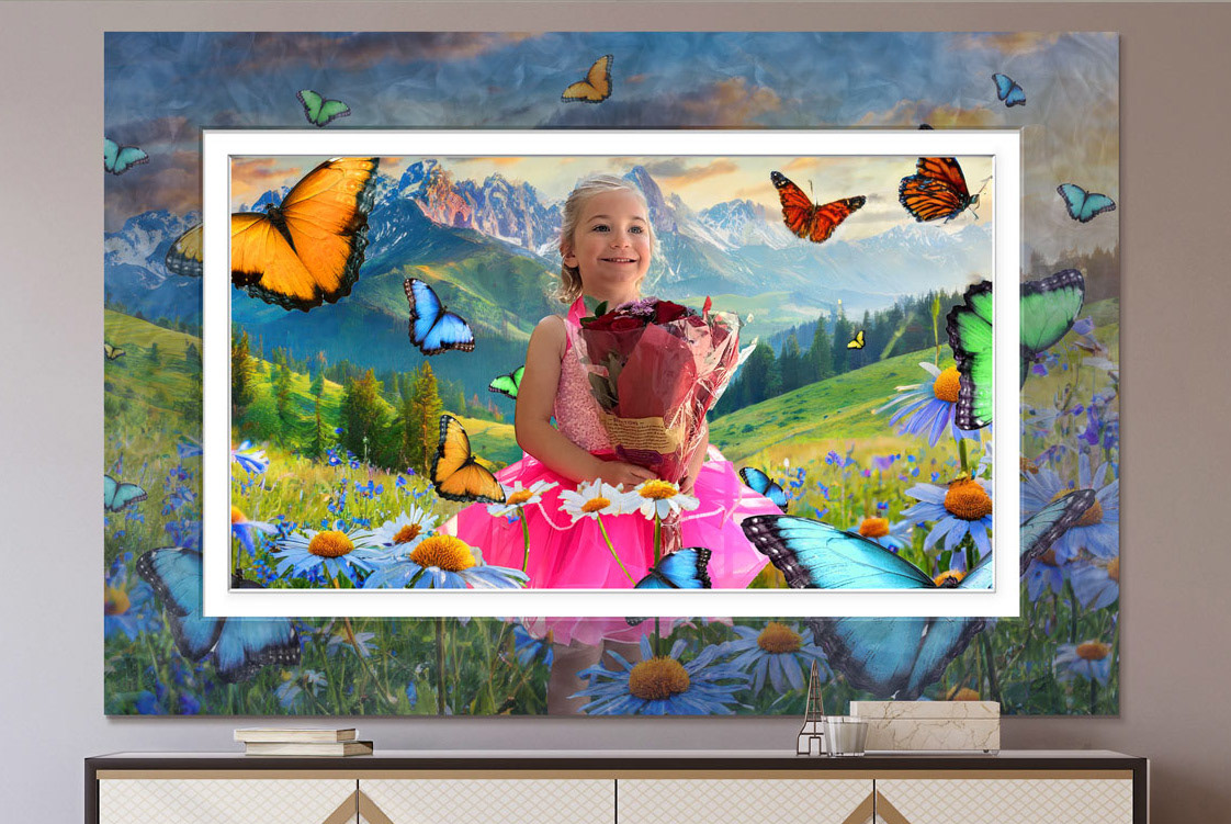 Emilia in a field of flowers and butterflies, printed on mirrored metal.