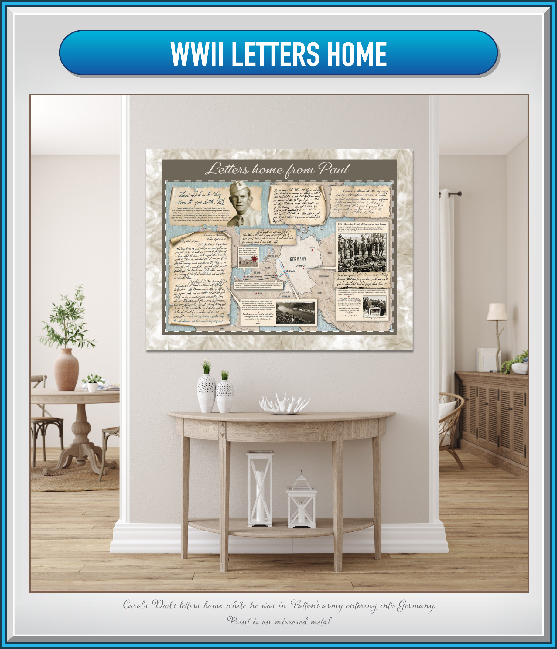 Carol's dad's letters home on brushed metal.