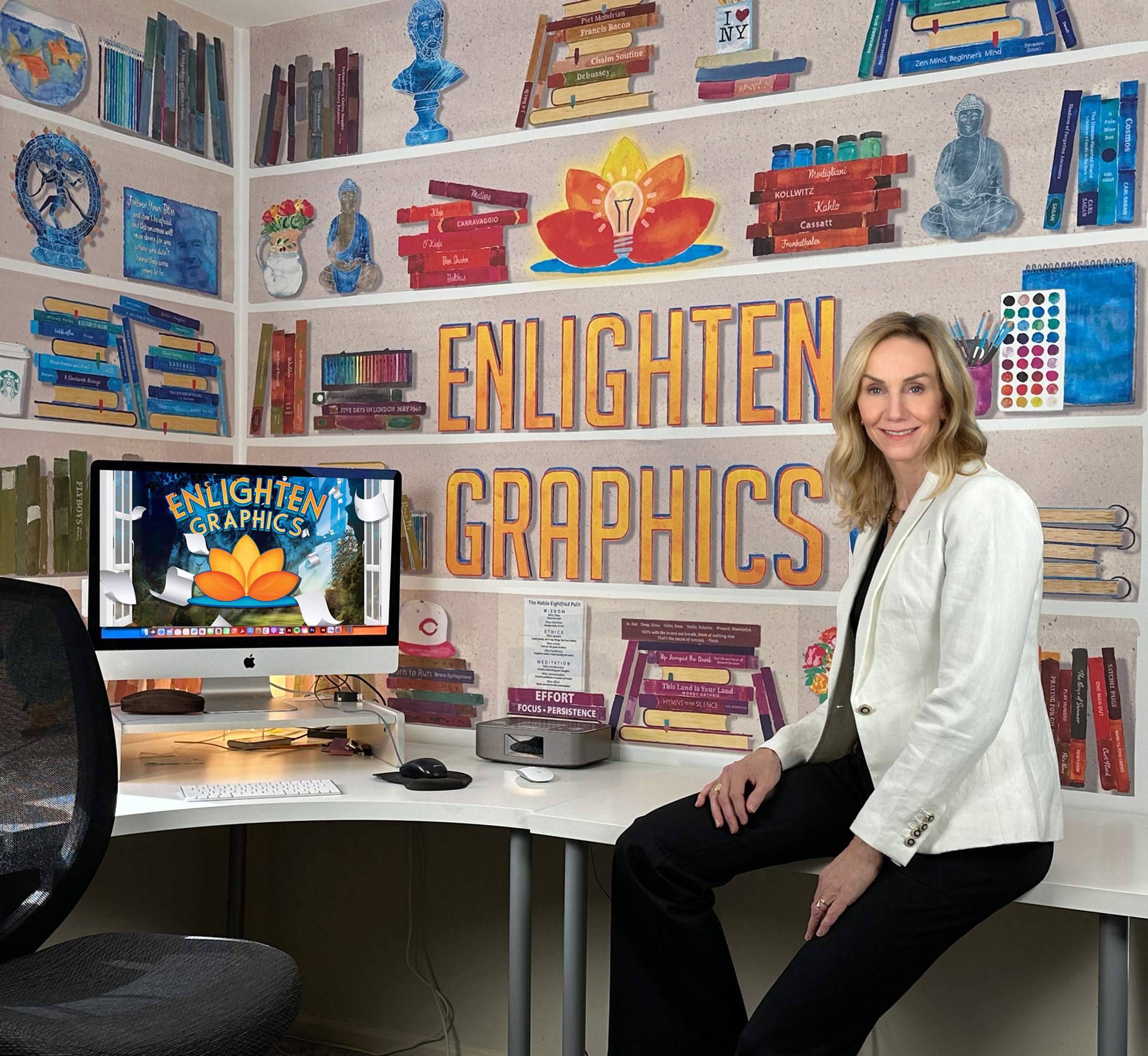 Carol with our hand painted office watercolor mural.