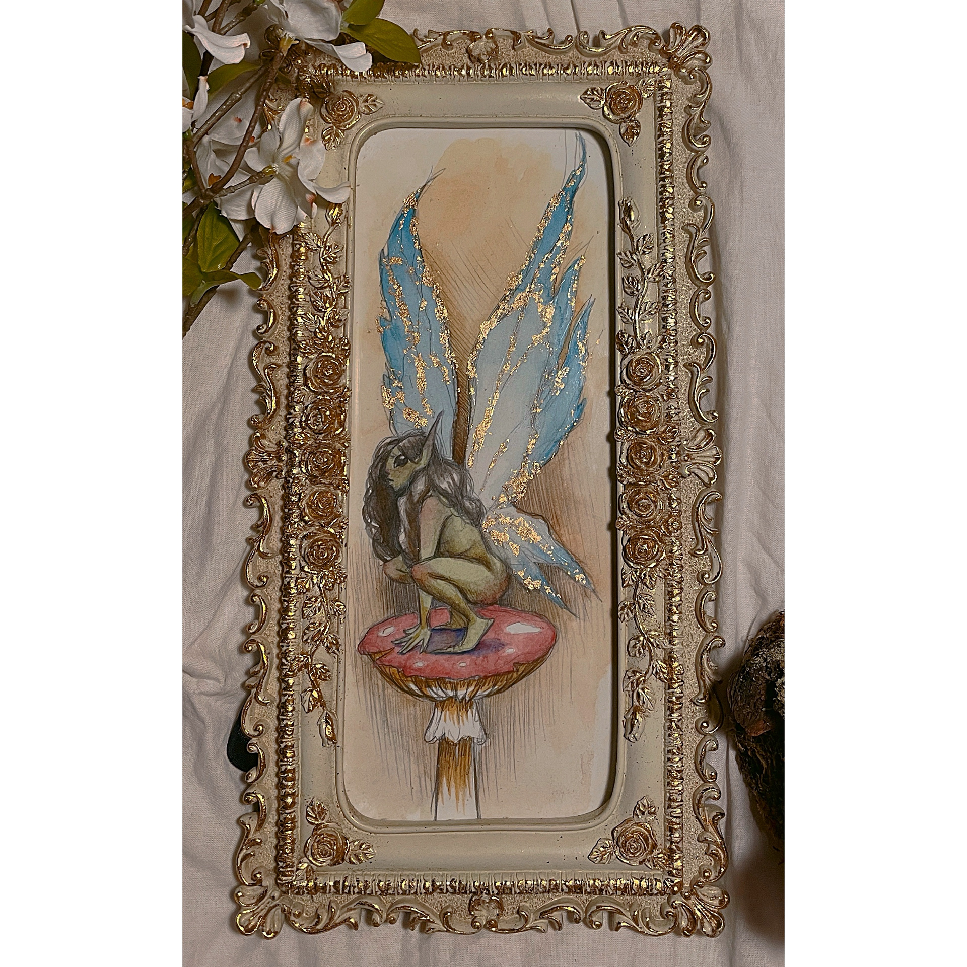 "Gilded in Gold" Watercolor, Colored Pencil, Gold Leaf