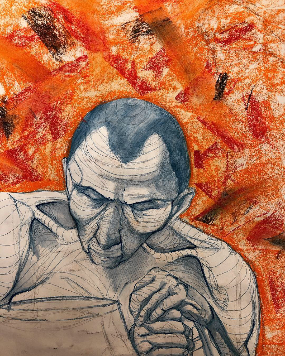 "Fire Behind the Man" Water color pencil, soft pastel, 2019