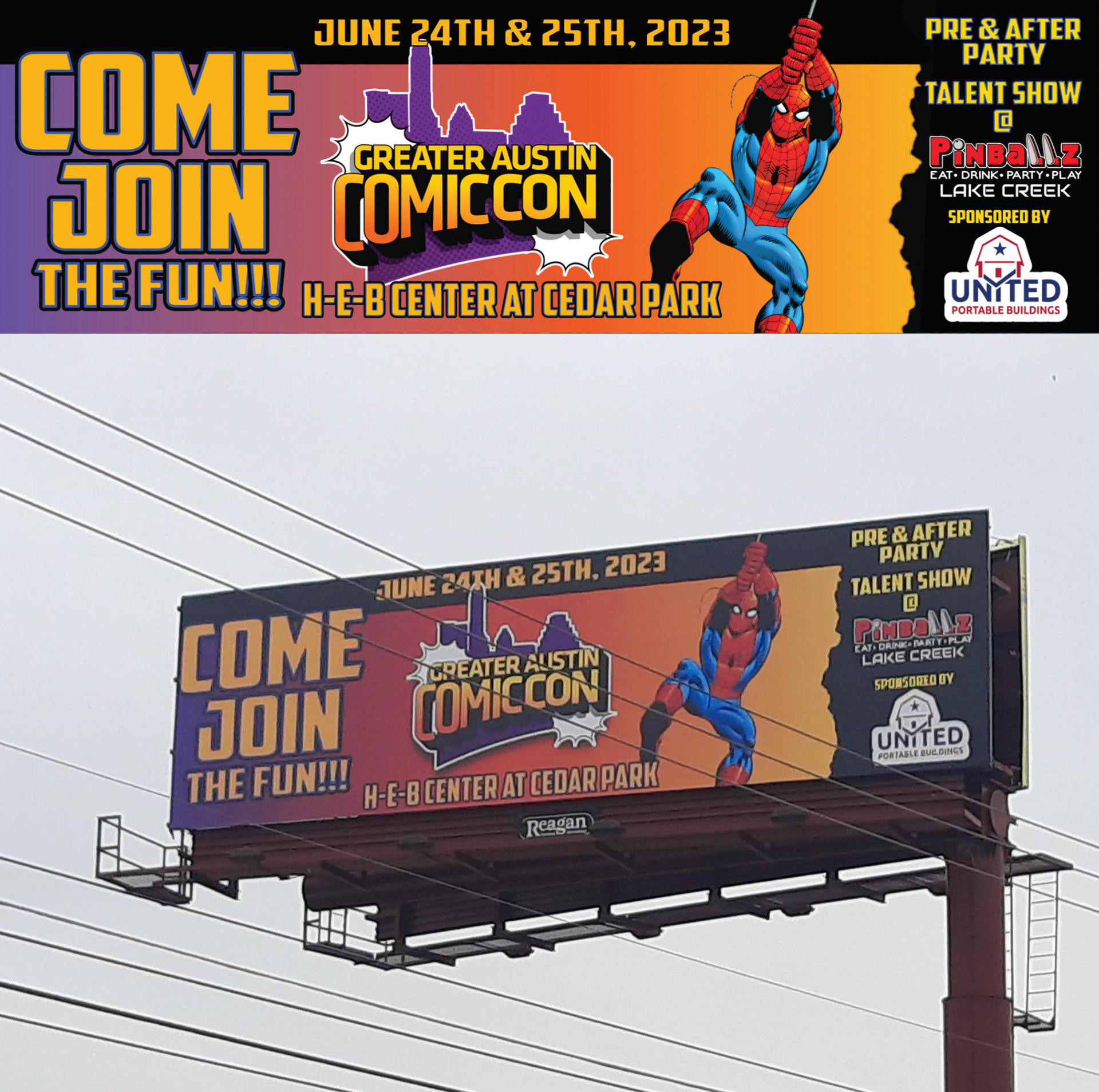 Billboard advertisement for Greater Austin Comic Con 2023.  Created in Affinity Designer