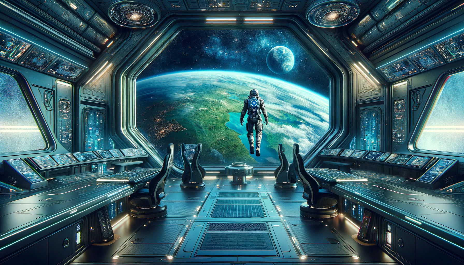 A spaceman floating in the bridge of his ship with a gorgeous view of earth