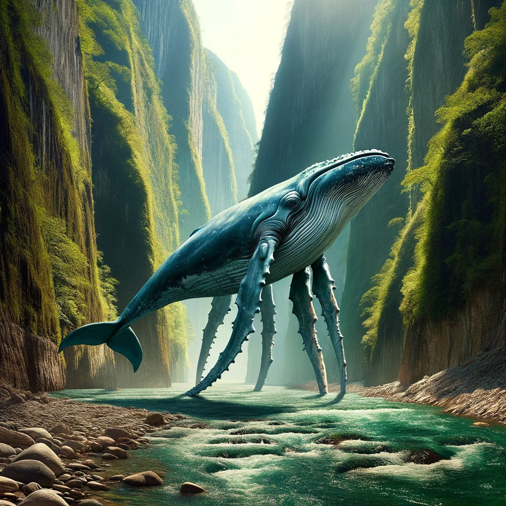 A land wale with legs, walking though a magnificent gorge V2