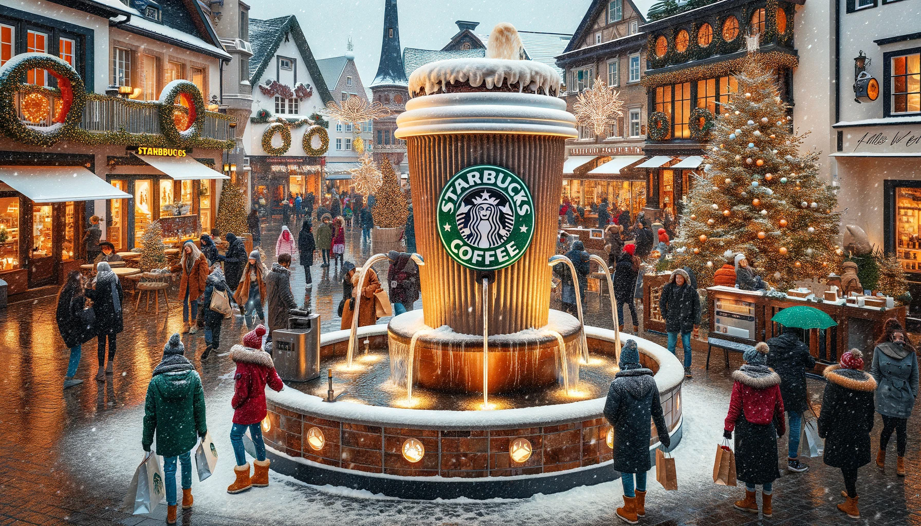 A Starbucks coffee fountain in the middle of a town square, snowing outside, busy with Christmas shopping