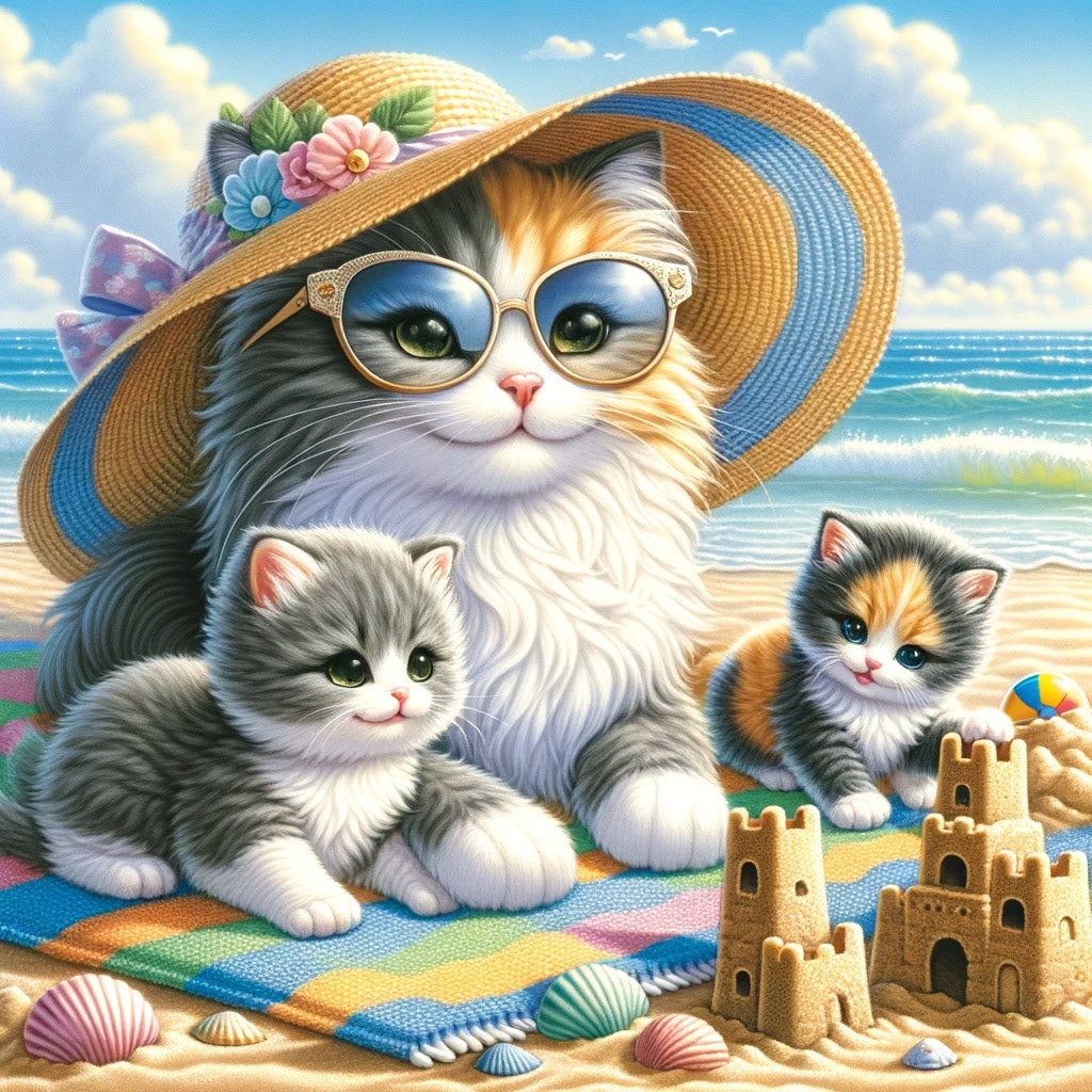 A cat family enjoys a day on the beach