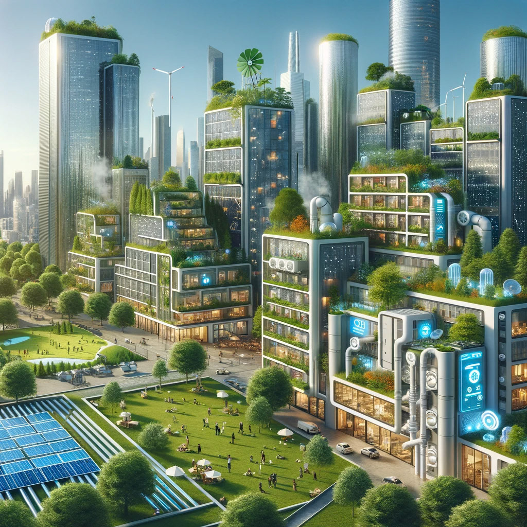 A vision of the future where HVAC systems are eco-friendly, sustainable, and automated, intergrated within a cityscape that balances modern technology with natural elements.
