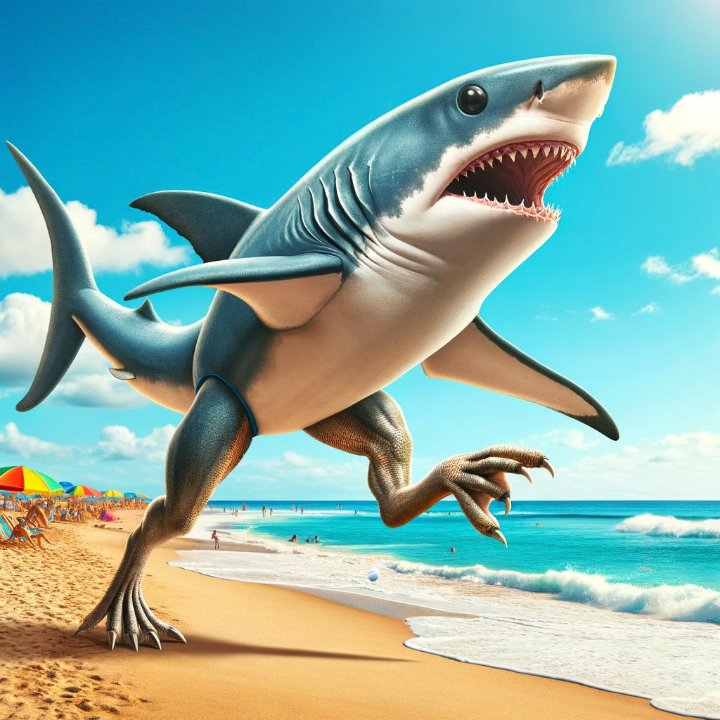 A land shark frolicking on the beach