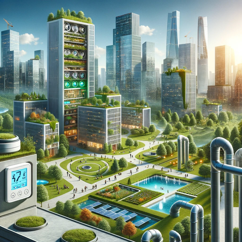 A vision of the future where HVAC systems are eco-friendly, sustainable, and automated, intergrated within a cityscape that balances modern technology with natural elements. V2