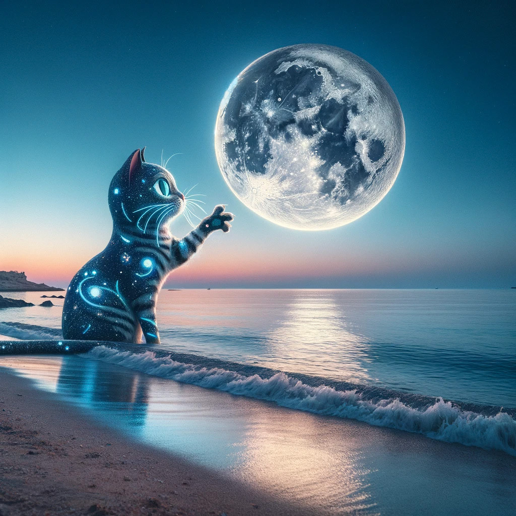 A space cat playing with the moon during a moonset over the ocean