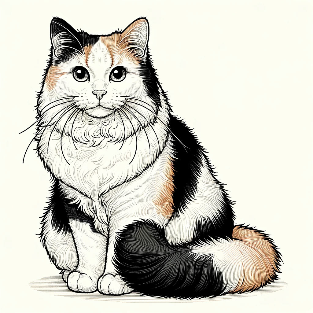A line drawing of a Calico cat