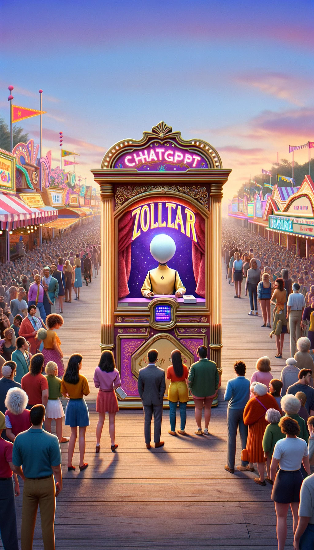 A ChatGPT Zoltar machine with a line of people with ideas going into the distance.