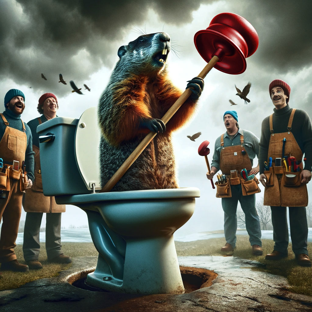 A groundhog holding a plumber, as if ready to unclog a drain, while emerging from a toilet surrounded by plumbers