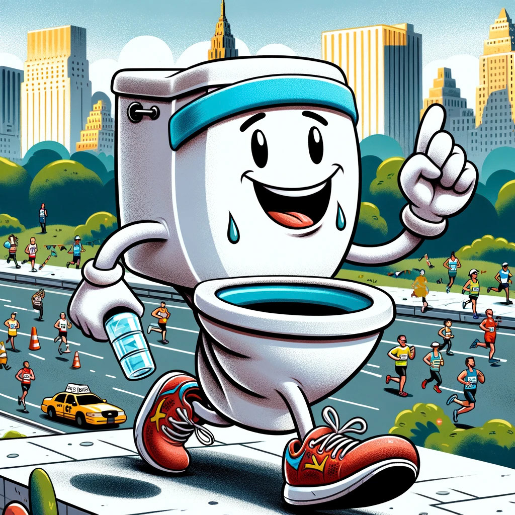 A 2D drawing of a toilet running the NYC Marathon