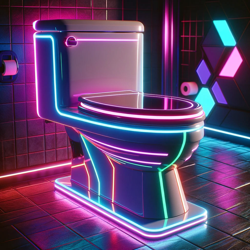 An RGB gamer toilet with a synthwave aesthetic.