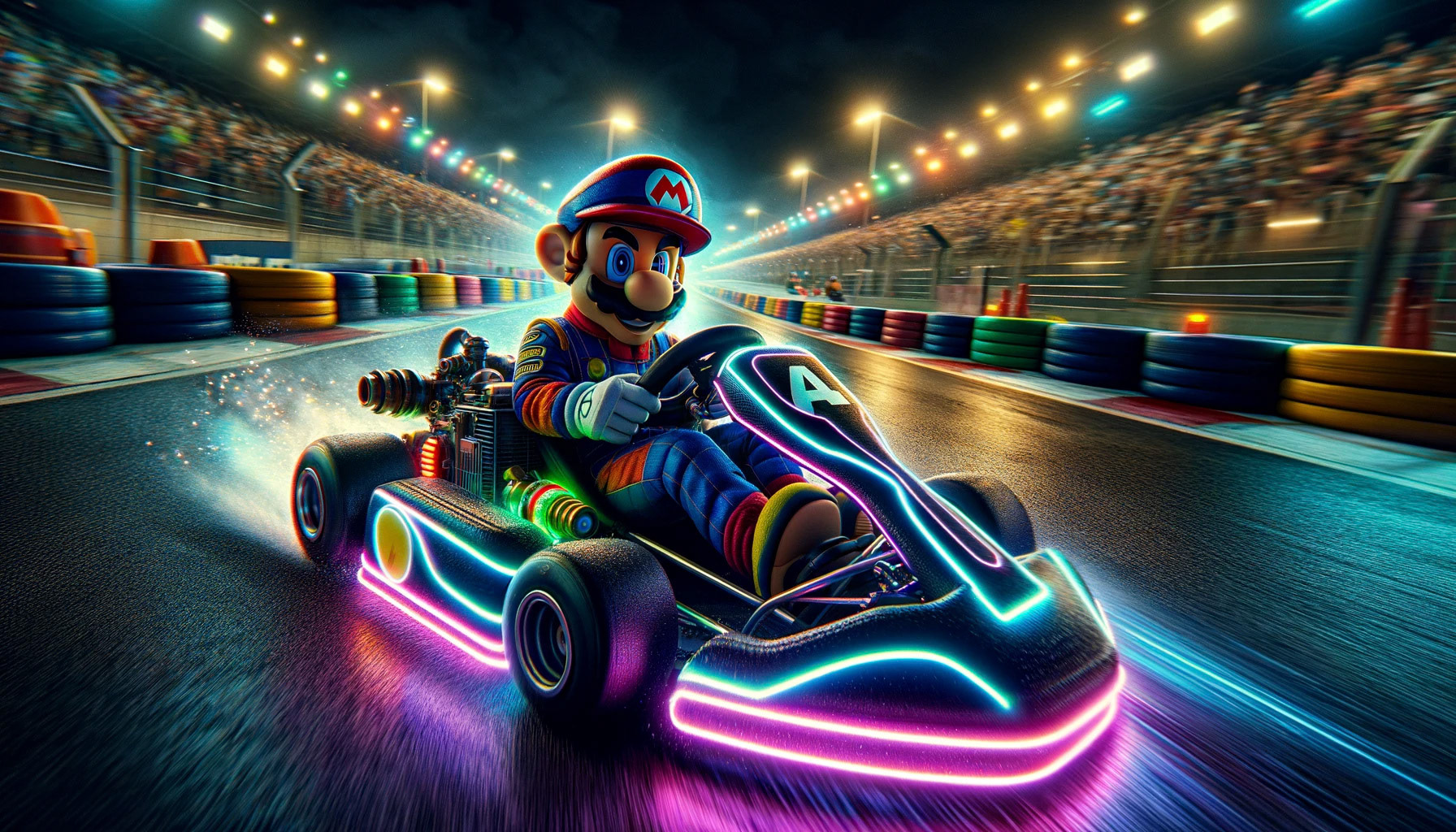 Plumbers Go-Kart racing on a race track at night with neon lights to light up the track V3