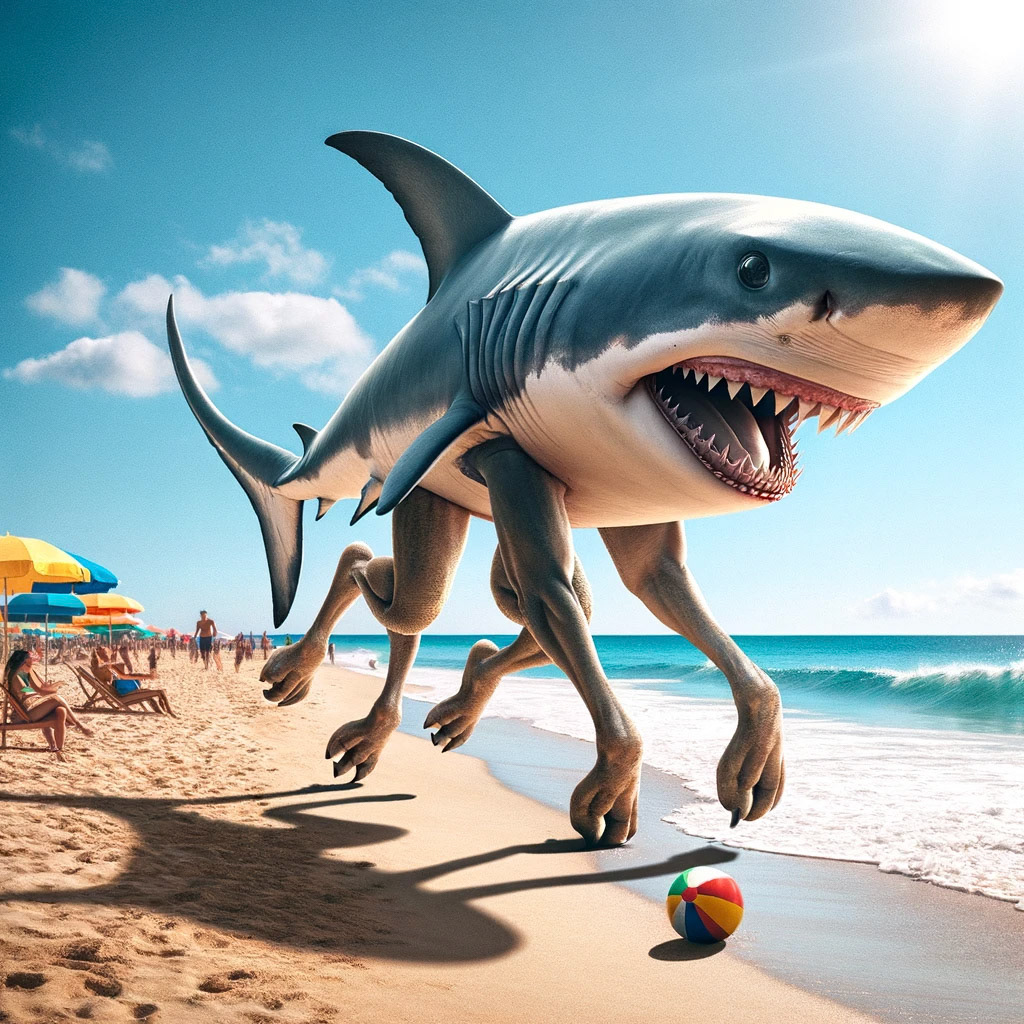 A land shark frolicking on the beach with four legs