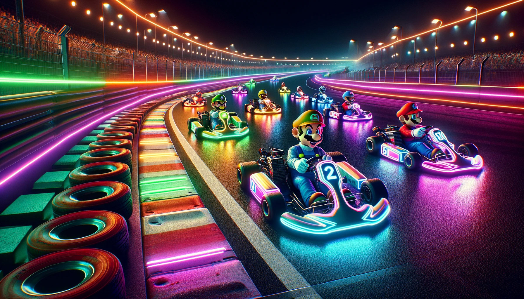Plumbers Go-Kart racing on a race track at night with neon lights to light up the track