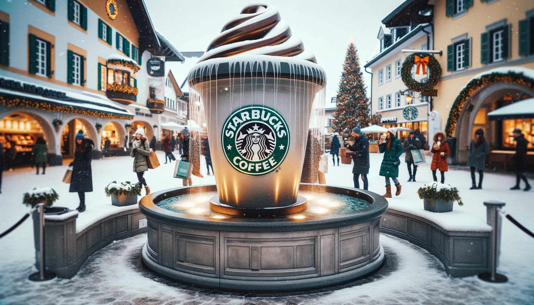 A Starbucks coffee fountain in the middle of a town square, snowing outside, busy with Christmas shopping V3