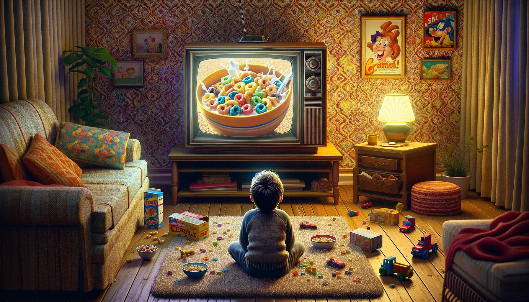 A nostalgic 1990's living room scene, with a child watching a CRT TV, hoping to see a new cereal commercial.