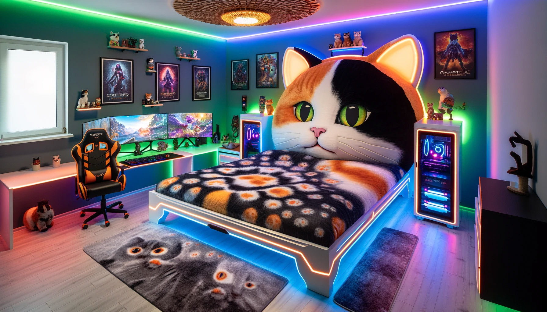 A calico themed bed in a gamers room with RGB lighting