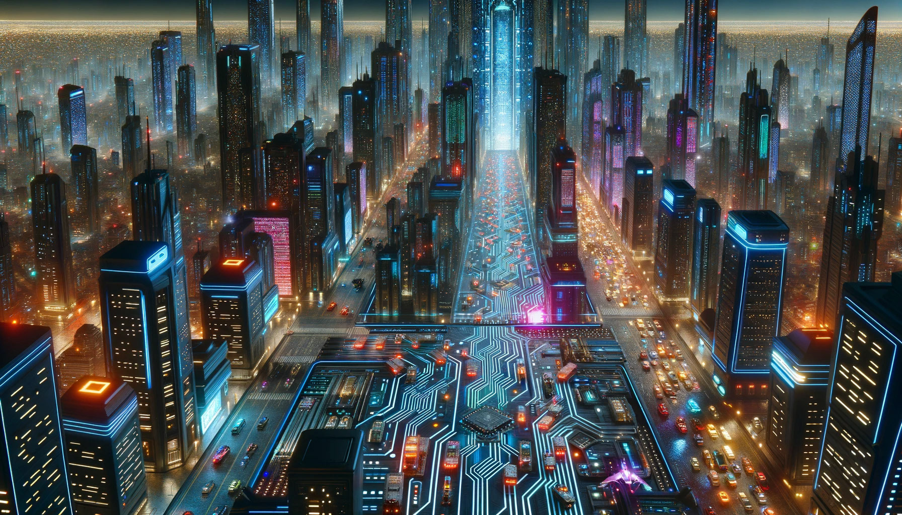 A motherboard city with heavy traffic