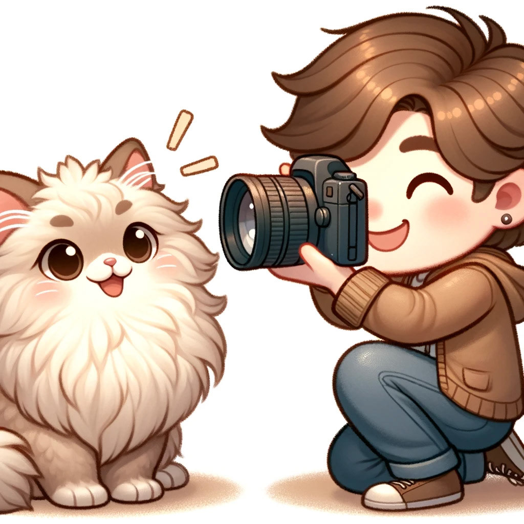 A cute photo of a photographer taking a photo of a cute cat
