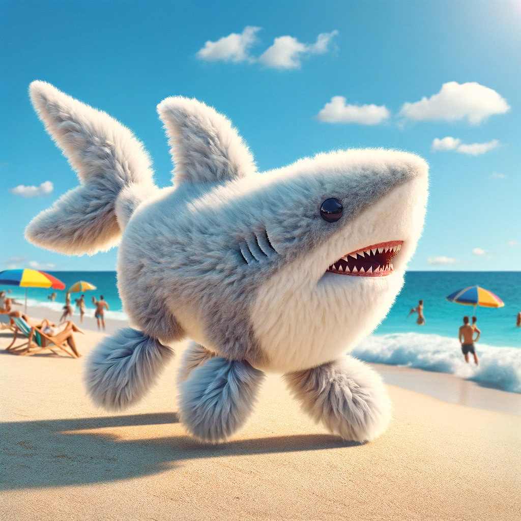 A fluffy land shark frolicking on the beach with four legs