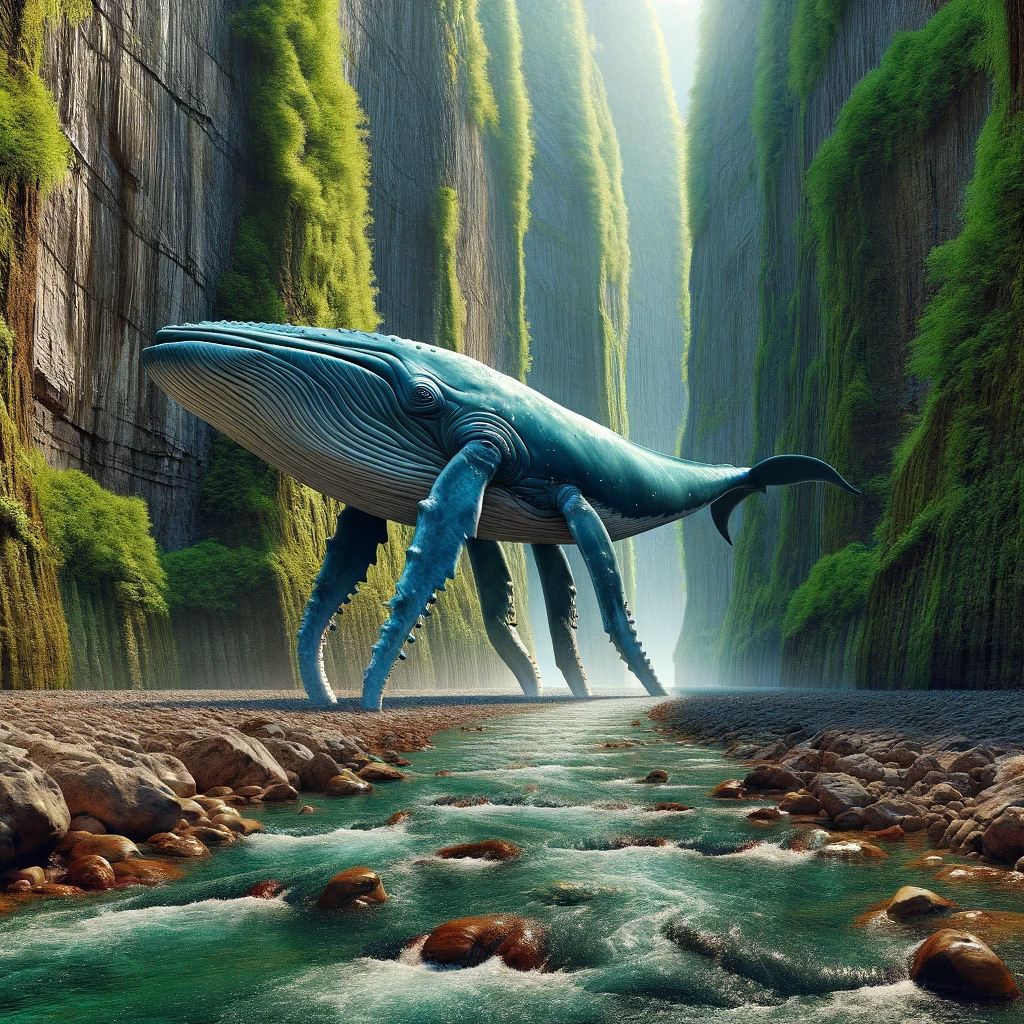 A land wale with legs, walking though a magnificent gorge