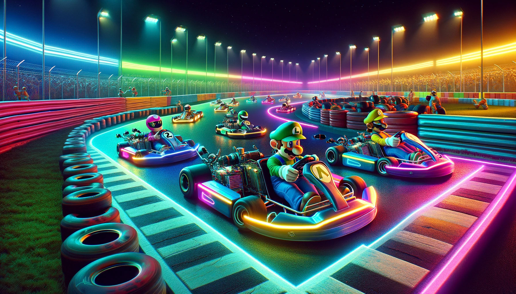 Plumbers Go-Kart racing on a race track at night with neon lights to light up the track V2