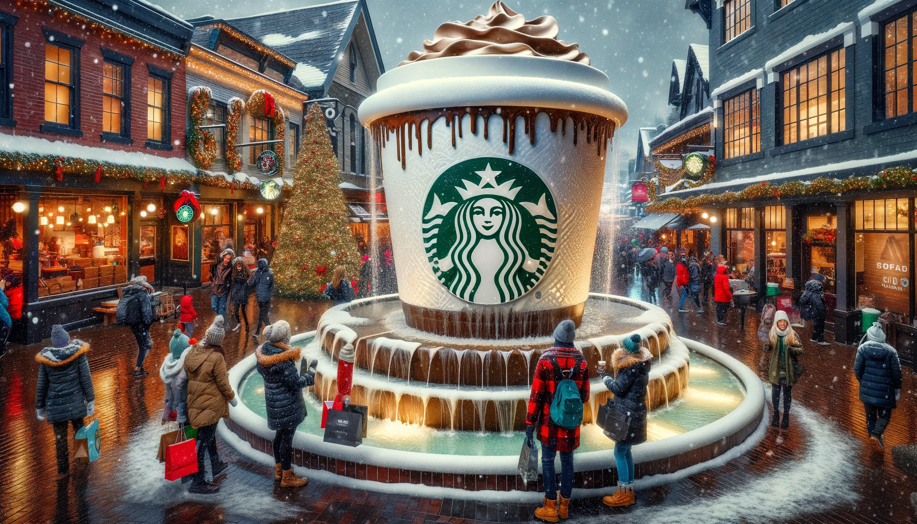 A Starbucks coffee fountain in the middle of a town square, snowing outside, busy with Christmas shopping V2