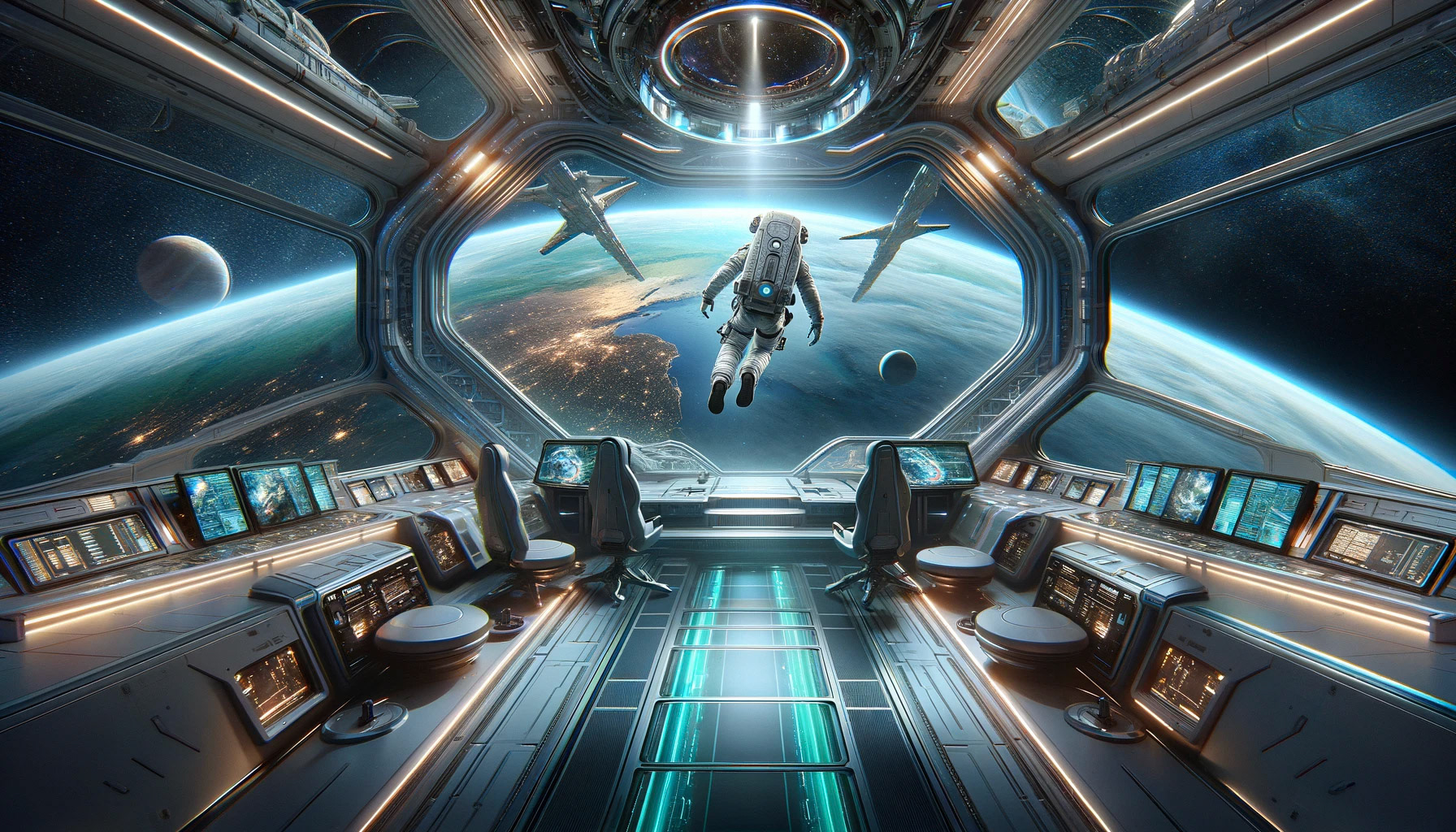 A spaceman floating in the bridge of his ship with a gorgeous view of earth V2