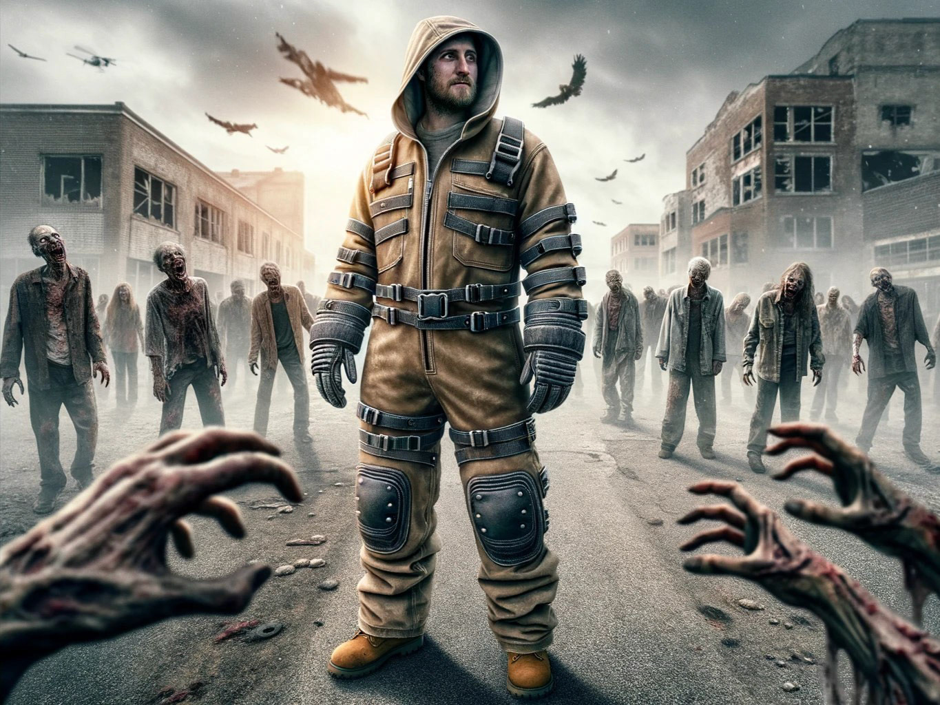 Zombie fiction has yet to realize that coveralls + leather gloves = zombie proof. V2