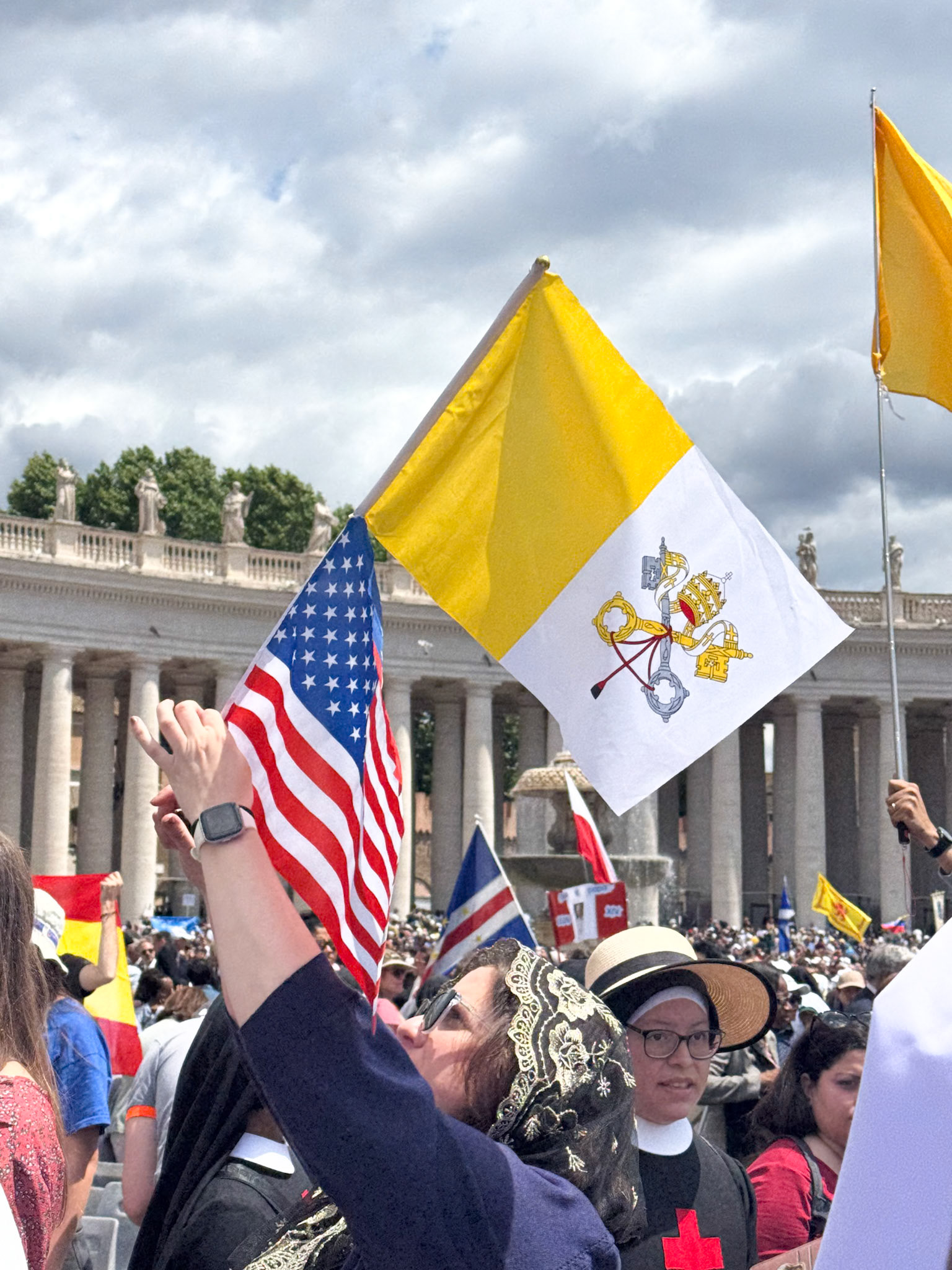 US visitors, proudly waving their flags
