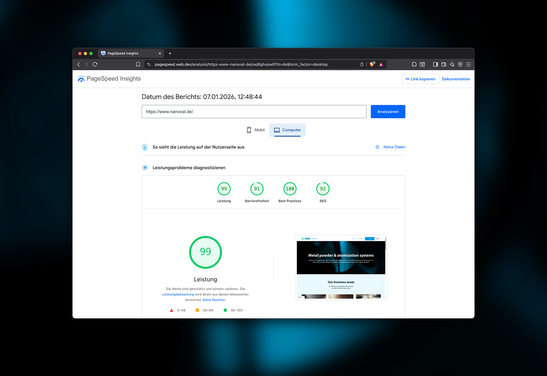 NANOVAL | Brand Refresh & Corporate Website | Google Lighthouse Page Speed Insights | Mathias Mortag
