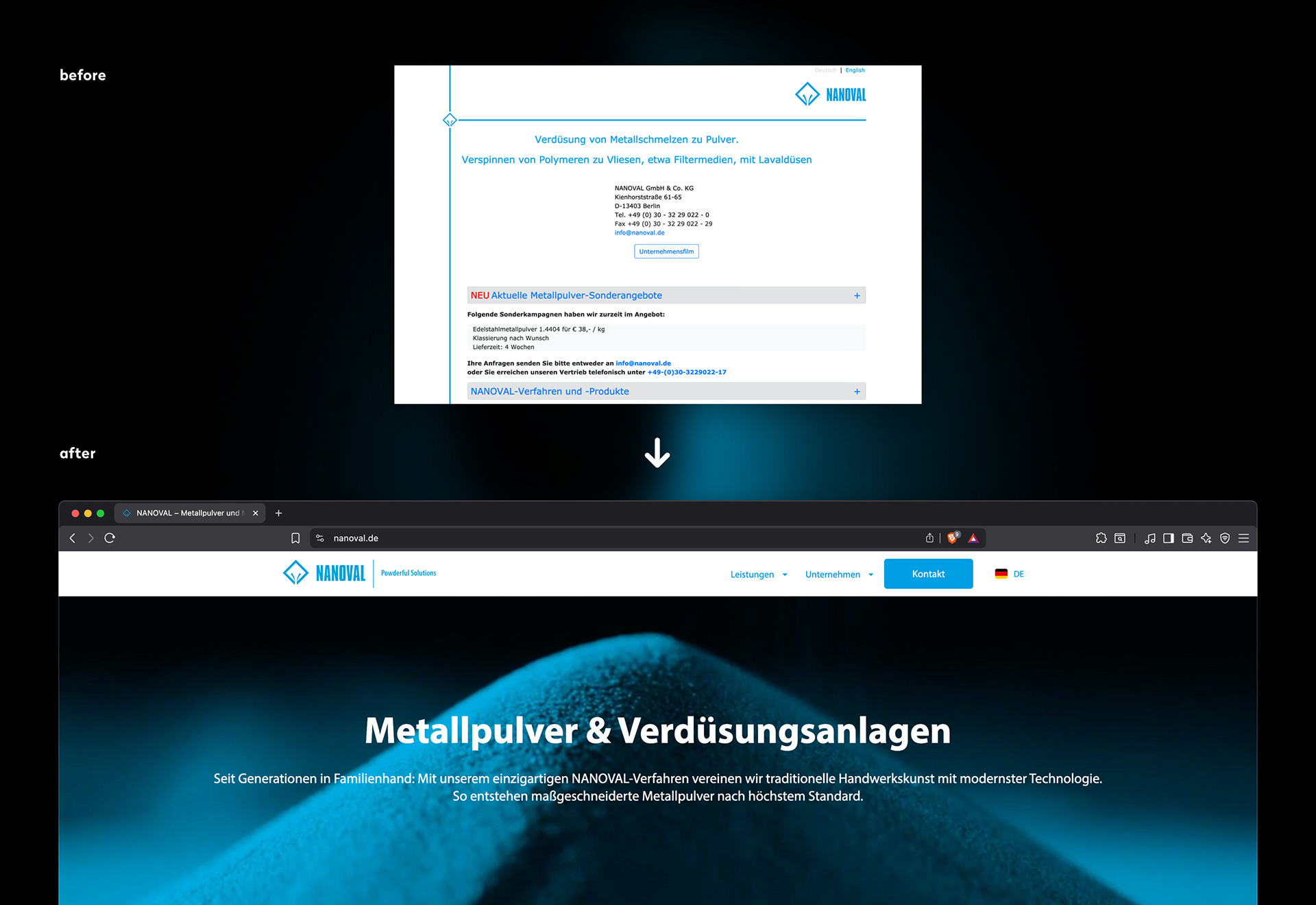 NANOVAL | Brand Refresh & Corporate Website | Homepage before vs. after | Mathias Mortag