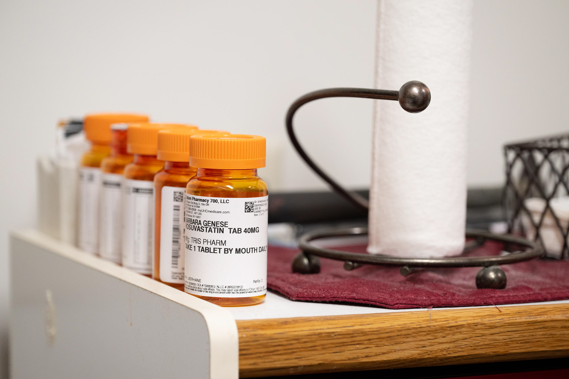 Pill bottles located in Barb's kitchen on Monday, Nov. 3, 2025, at her home in Syracuse, N.Y.  Despite having her own medical problem, Barb is still be there for her fellow seniors.