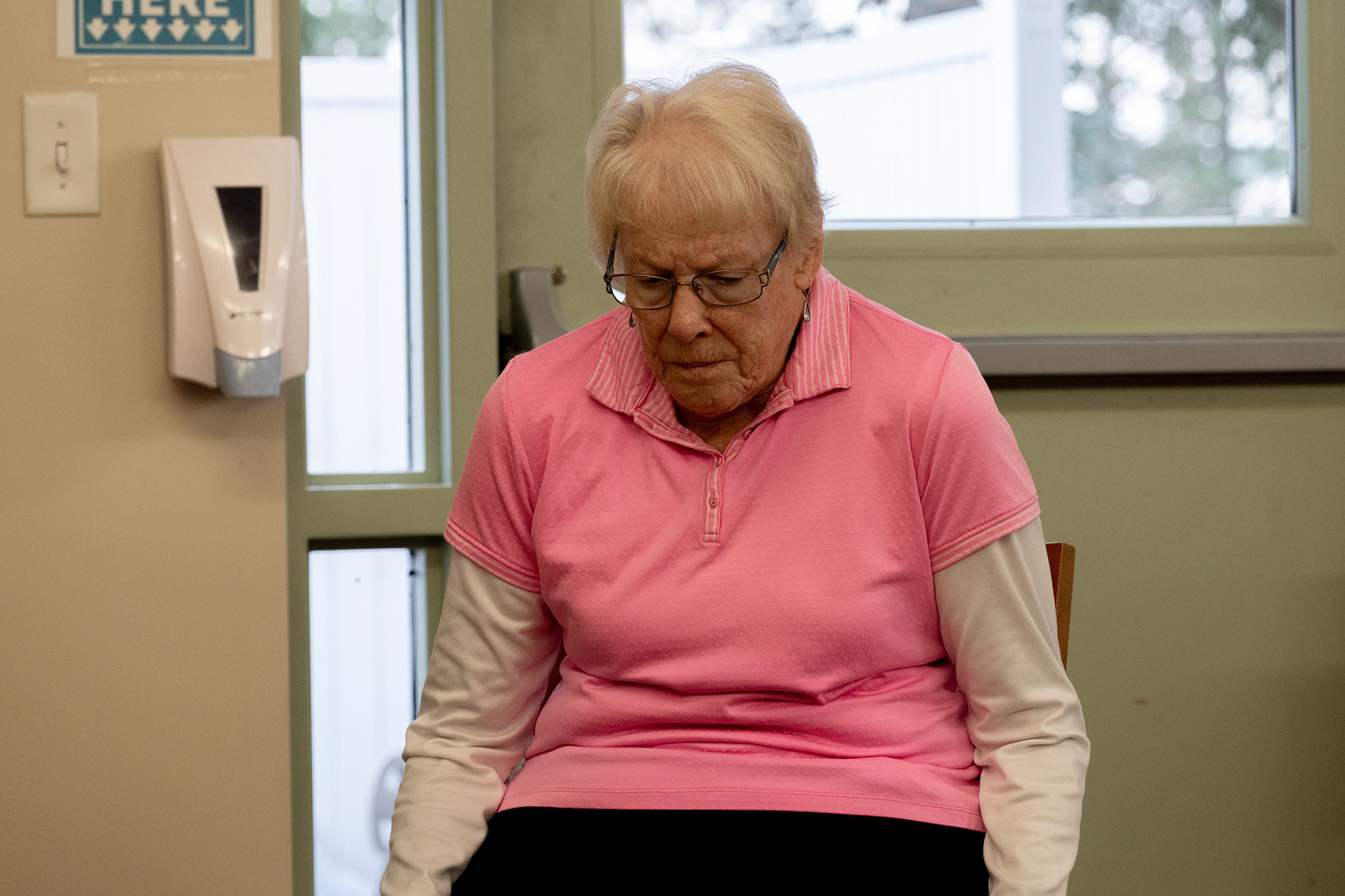 Dawn pauses to catch her breath during exercise class on Tuesday, Nov. 4, 2025, in Syracuse, N.Y.