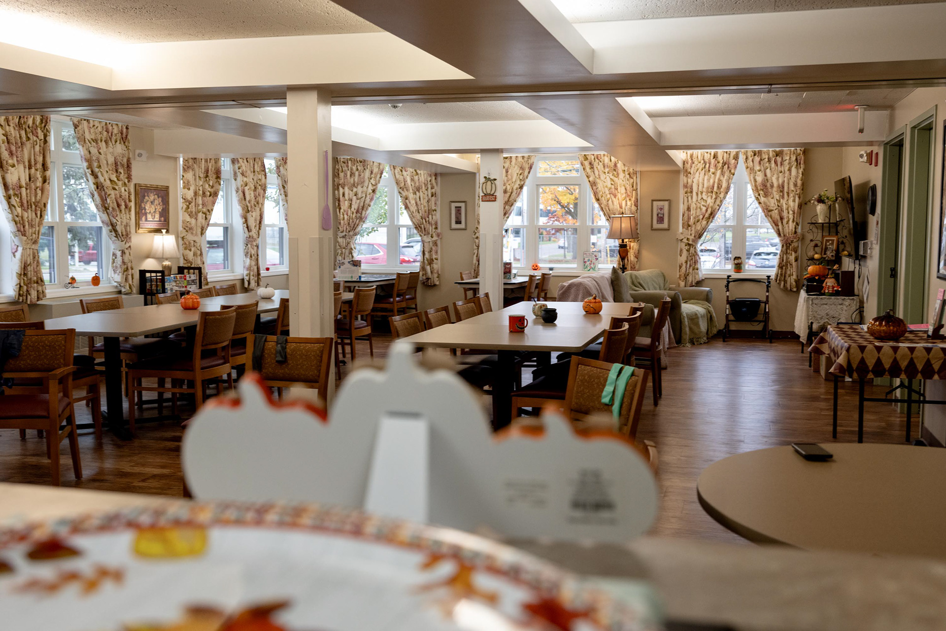 The community room in Barb’s senior living complex serves multiple purposes—it’s used for game nights, movie nights, shared meals, and the exercise classes that Barb leads on Monday, Nov. 3, 2025, in Syracuse, N.Y.