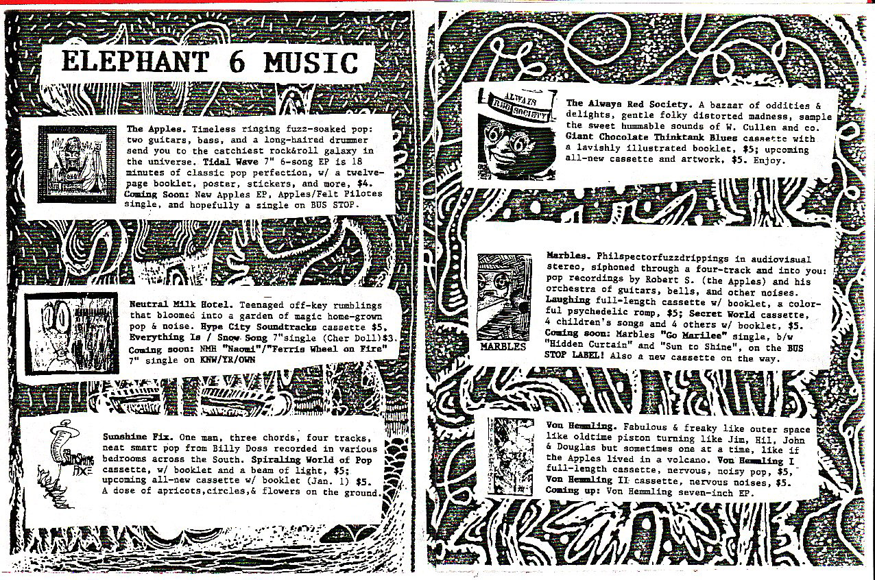 A scan of the winter 1994 Elephant 6 catalog. Many of the items listed on the catalog are either hard to find, or unconfirmed if they exist.