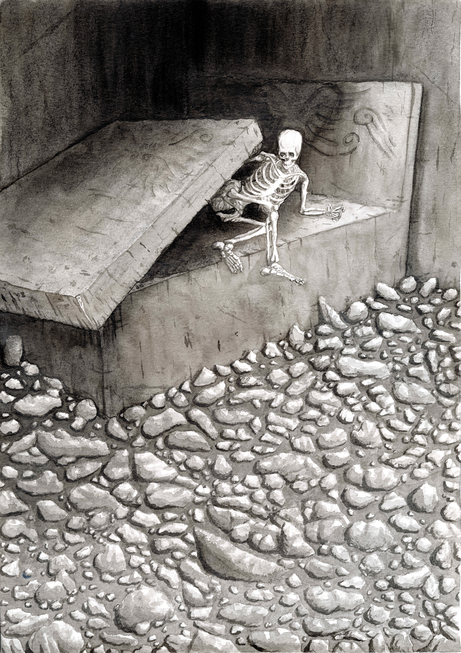 'Why get out of bed at all?'. Ink wash and charcoal on A3 sized paper.