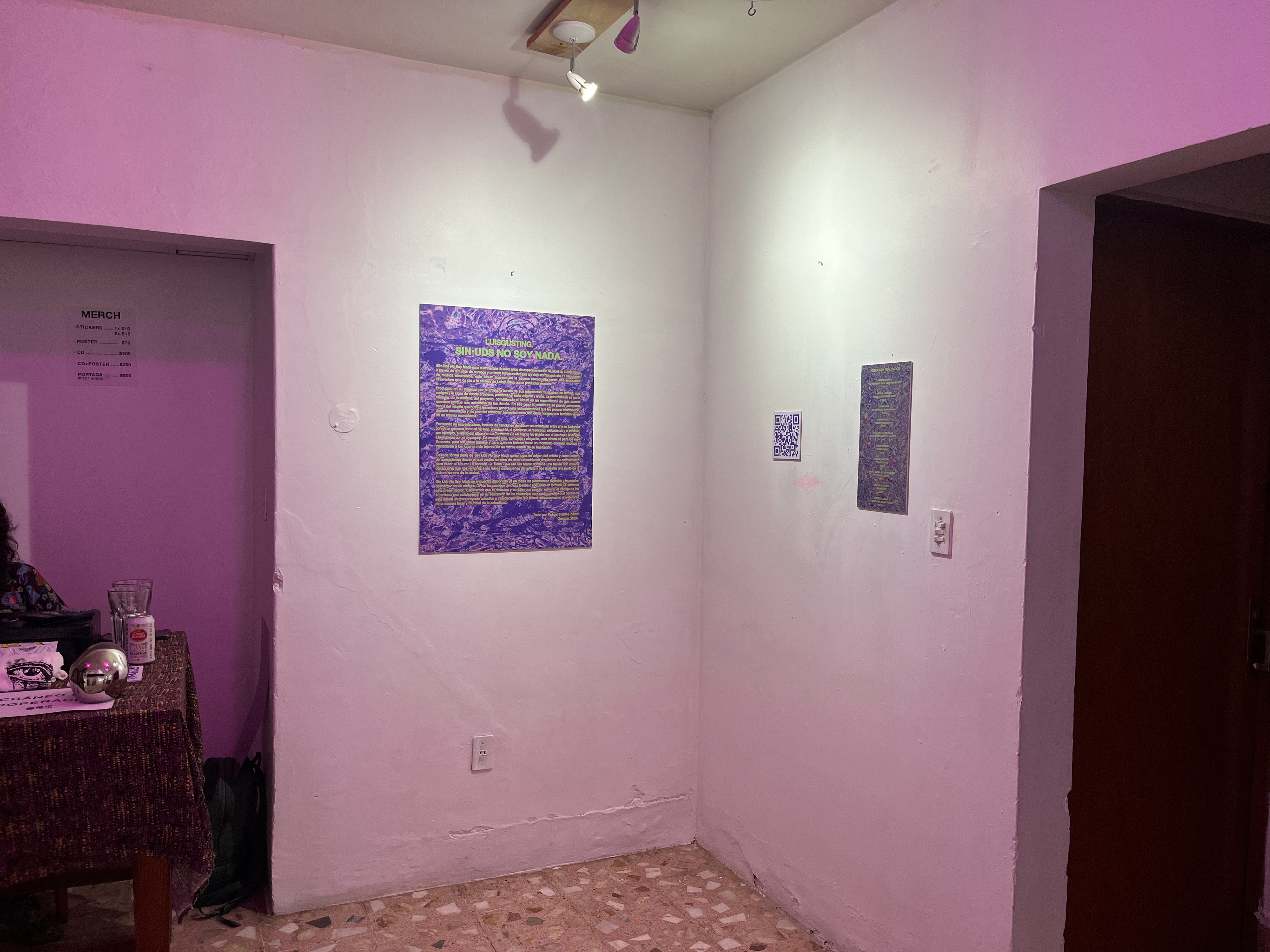 Detalle del montaje de la exposición de las portadas de los singles diseñadas por Luisgusting, Casa Bestia (Oaxaca, 2024). 