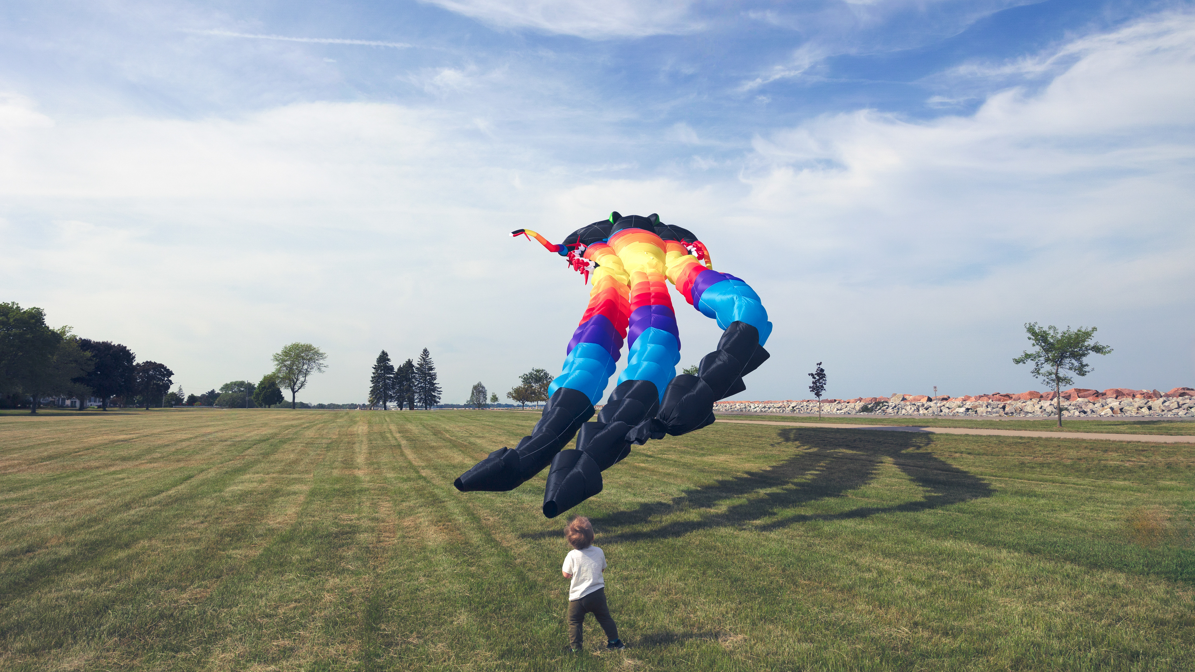 Small boy in white t-shirt in front of large rainbow kite in an open grassy field