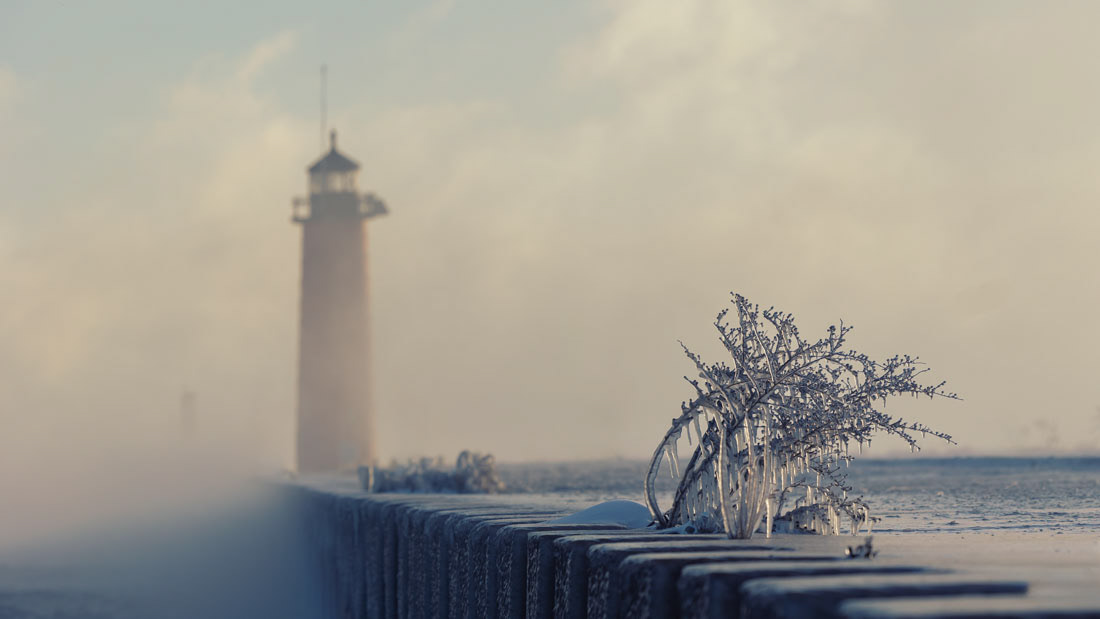 Kenosha North Pierhead Lighthouse obscured by foggy vapor from Lake Michigan with frozen plant covered by icicles in the foreground.