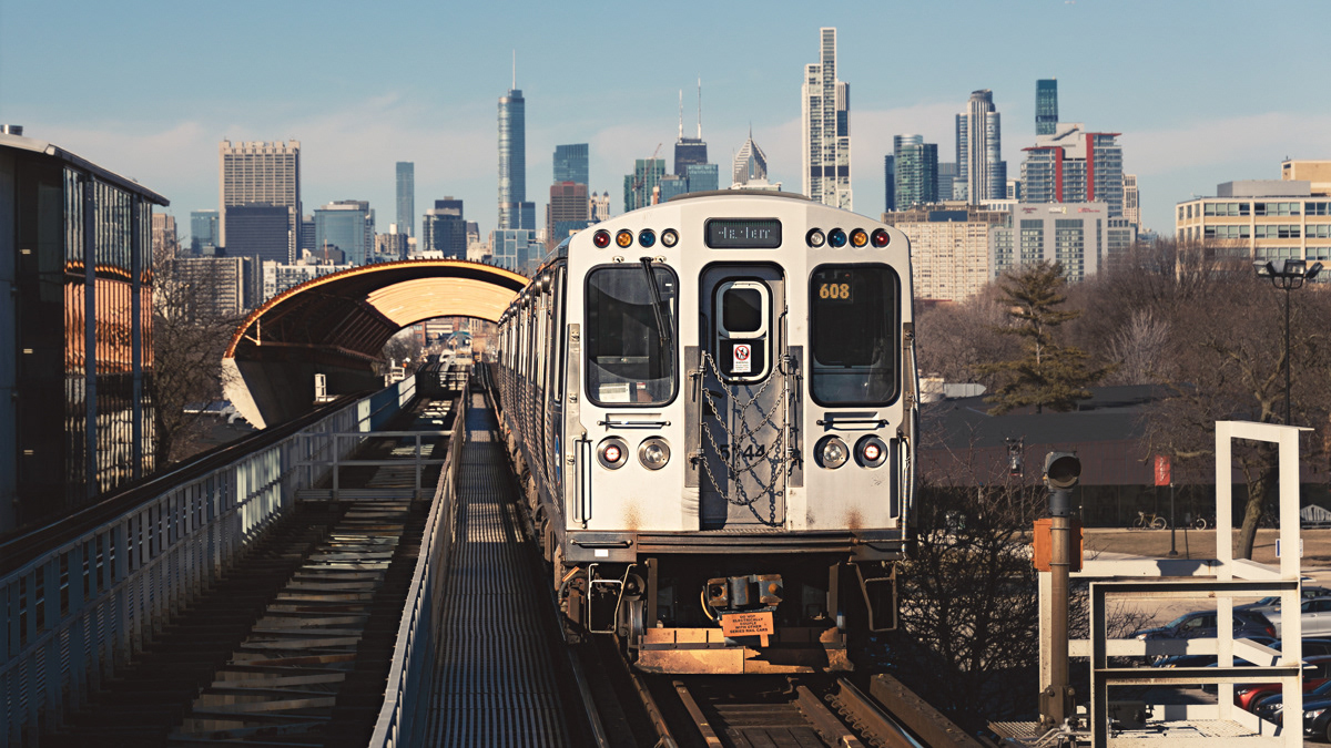 Chicago El train passing through the tunnel at McCormick Student Center at Illinois Institute of Technology designed by Rem Koolhaus.