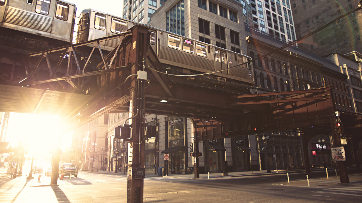Chicagohenge image of Chicago El line with a sun burst underneath.