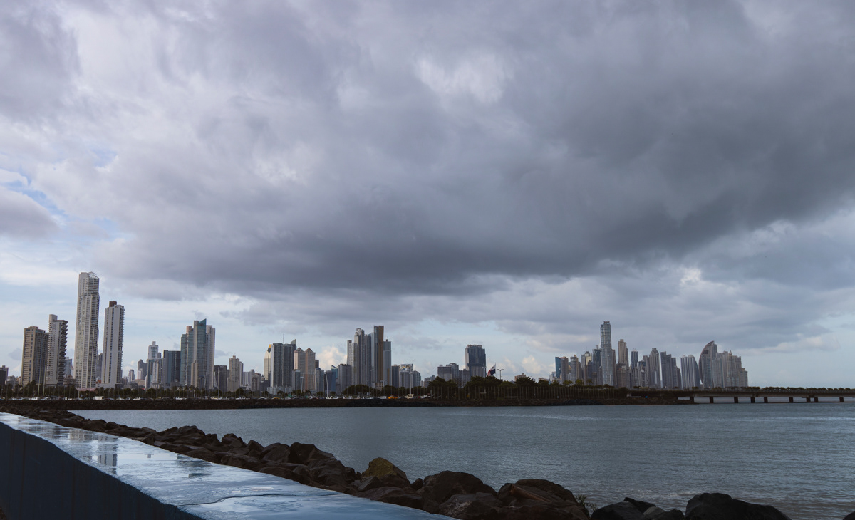 Heavy dark clouds over Panama City during rainy season