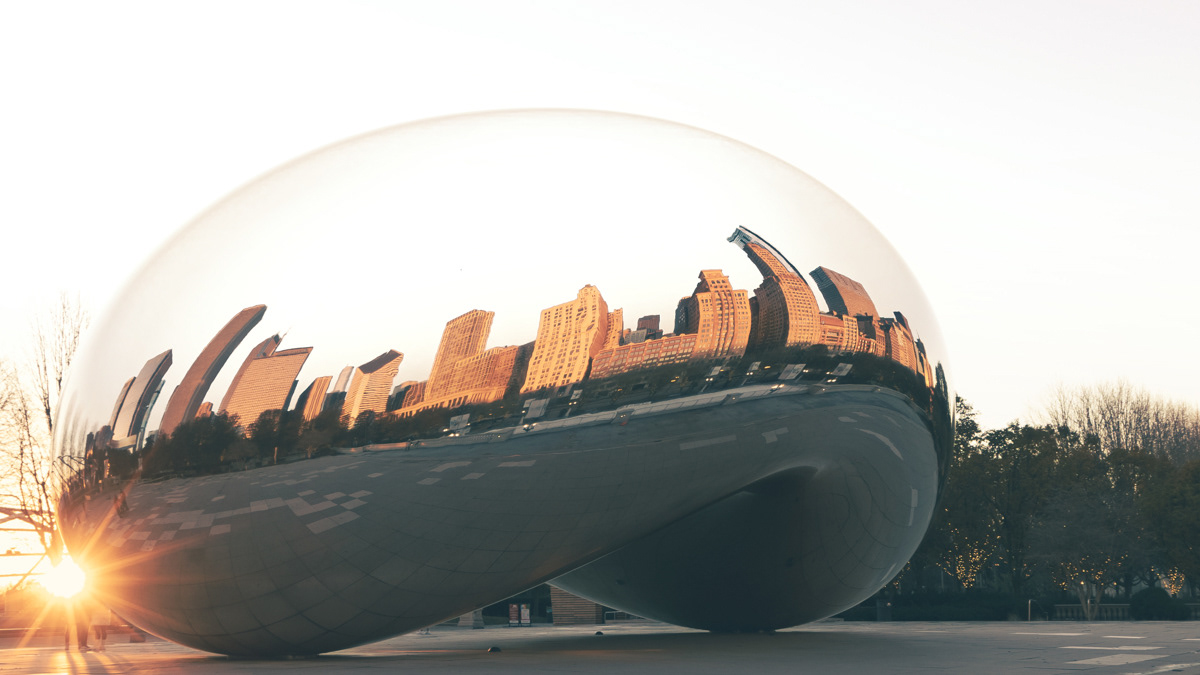 Chicago Bean Cloud Gate sculptute at sunrise.